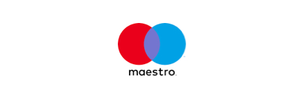 Das Logo von Maestro, das eines der weltweit akzeptierten Zahlungssysteme von MasterCard ist. Ein roter Kreis und ein hellblauer Kreis sind nebeneinander und überschneiden sich zu einem Drittel. Darunter steht klein geschrieben das Wort maestro.