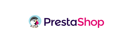 Das Logo der europäische Open-Source-E-Commerce-Plattform PrestaShop. Abbildung des Kopfes eines grapgisch erstellten Pinguins vor einem hellblauen kreisförmigen Hintergrund. Rechts daneben steht das Wort PrestaShop. Die linke Hälfte Presta ist dabei groß geschrieben und in lila. Die rechte Hälfte Shop ist ebenfalls groß geschrieben und in der Farbe rosa.
