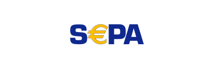 Sepa Logo als Wortmarke ausgeschrieben mit gelben Eurozeichen anstelle des Buchstaben E